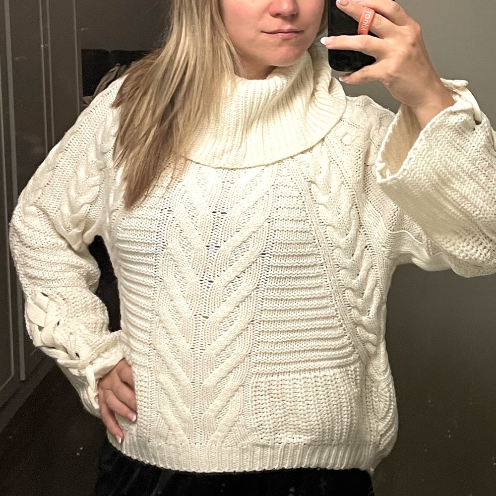 Express Cream Cowl Neck Woven Sweater